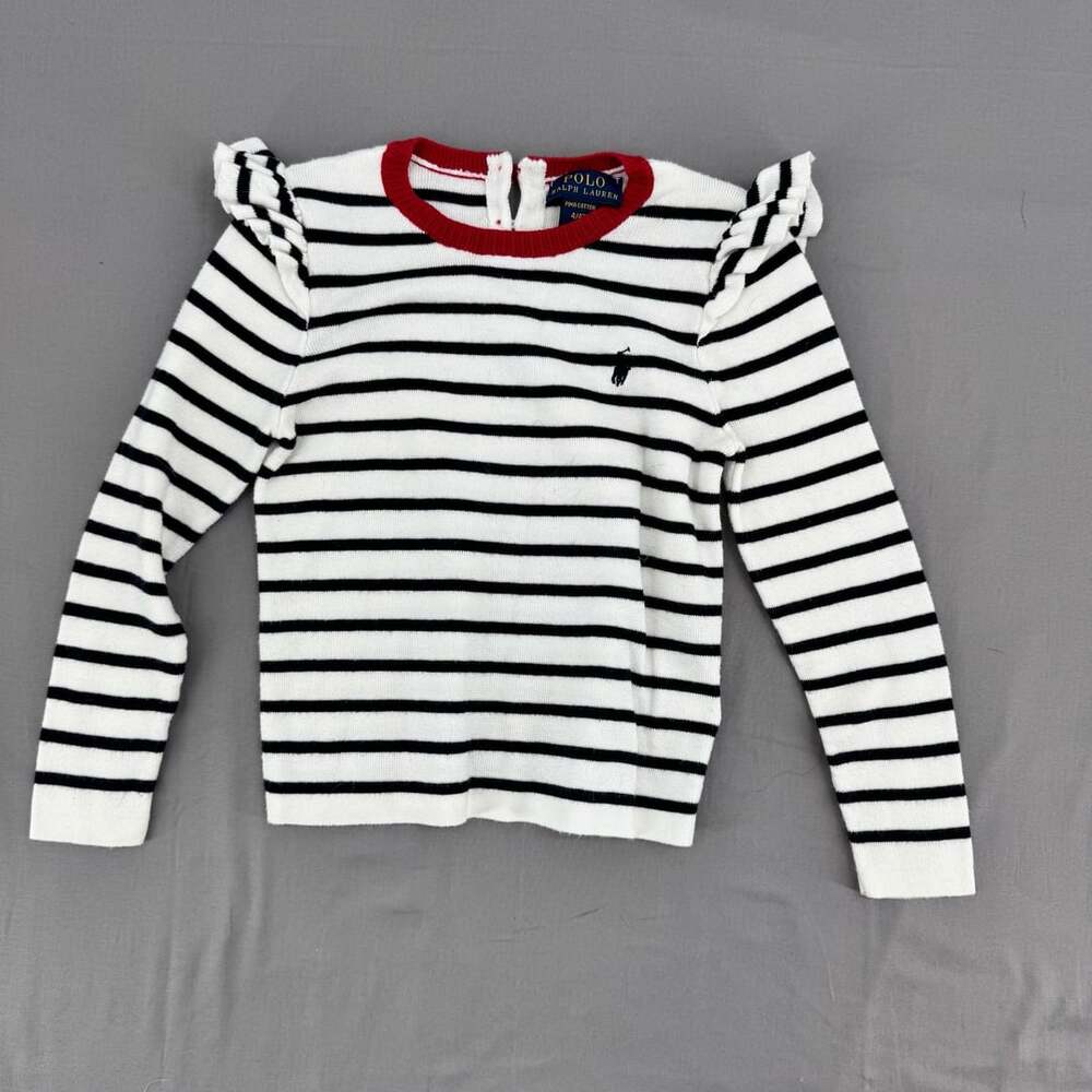 Polo Ralph Lauren White/Black Striped Ruffle-Trimmed Long-Sleeve Top for Kids